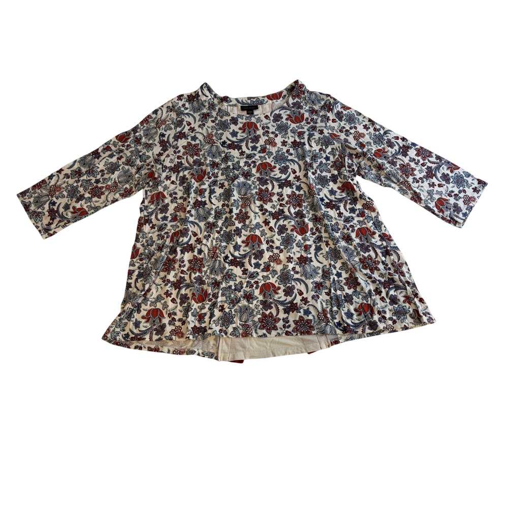 J. Jill Wearever Floral Paisley Tunic Top XL Red Blue Button Split Back 3/4 Slv